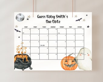 以下が含まれることがあります： 「Guess Baby Smith's Due Date」の文字とカレンダーグリッドが描かれた白いカレンダー。カレンダーは、大釜、カボチャ、幽霊、月、星、コウモリの水彩イラストで飾られています。