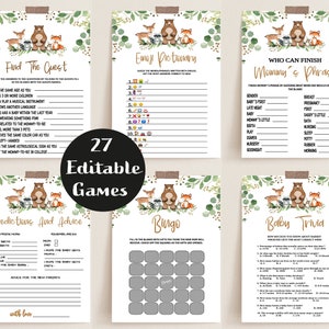 Baby Shower Games Bundle, Printable Baby Shower Game Pack, Woodland Animals Editable Games, Forest Animals Baby Shower Package, BBS10