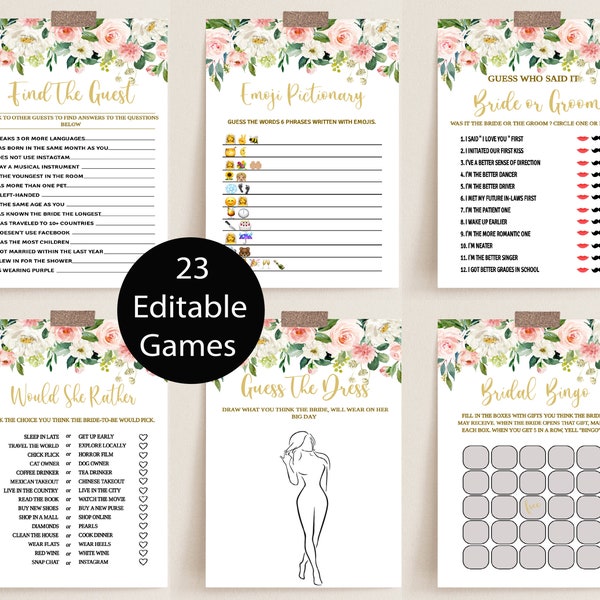 Pacote de jogos florais para chá de panela: Blush & Gold, 23 jogos (editáveis e imprimíveis)