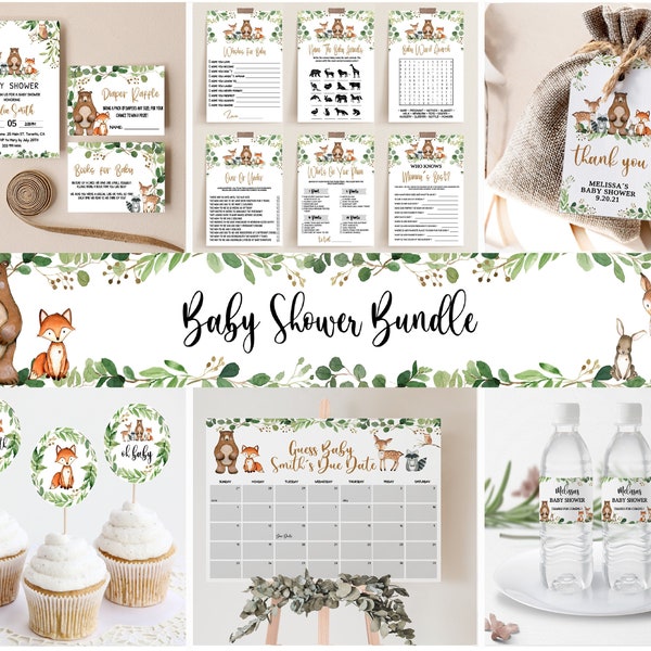 Baby Shower Bundle, Printable Baby Shower Invitation Game Pack, Woodland Animals Editable Games, Forest Animals Baby Shower Package