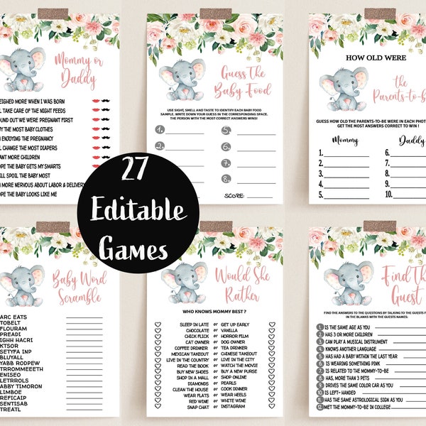 Elephant Baby Shower Games Printable Game Bundle Pink Elephant Girl Baby Shower Games Package Instant Download, BBS60