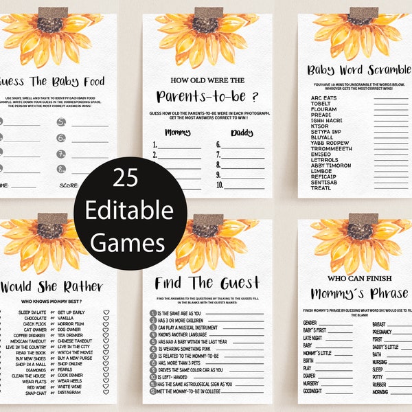 Sunflower Baby Shower Games, Editable Baby Shower Games, Baby Shower Game, Printable Baby Shower Games, Baby Shower Game Bundle