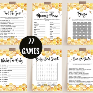 Baby Shower Games Bundle, Honey Bee Baby Shower Games Package, Instant Download, Baby Honeycomb Games, Printable Games, Baby Emoji Game