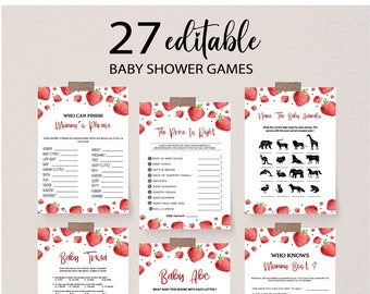 May include: A set of 27 printable baby shower games featuring a strawberry theme. The games include "Who Can Finish Mommy's Phrase", "The Price is Right", "Name the Baby Animals", "Baby Trivia", "Baby ABC", and "Who Knows Mommy Best?"