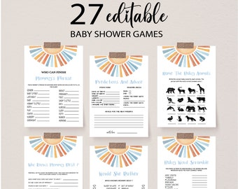 Könnte beinhalten: Ein Satz druckbarer Babyparty-Spiele mit Boho-Thema. Die Spiele beinhalten "Wer kann Mamas Satz beenden?", "Vorhersagen und Ratschläge", "Nenne die Babytiere", "Wer kennt Mama am besten?", "Würdest du lieber..." und "Baby-Wortsalat".