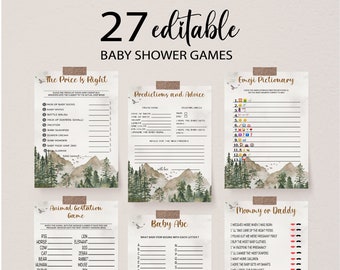 Adventure Baby Shower Games Bundle: Forest Mountain Theme (Editable, Printable)