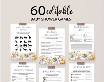 Blue Pumpkin Baby Shower Games Bundle, Editable Autumn Fall Pumpkin Baby Shower Game Pack, Baby Shower Boy Games, BBS41