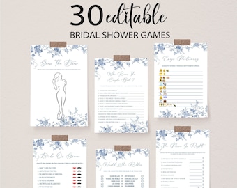 Blue Floral Victorian Bridal Shower Game Bundle, Editable Vintage Botanical Bridal Shower, Printable Bridal Party Games Package