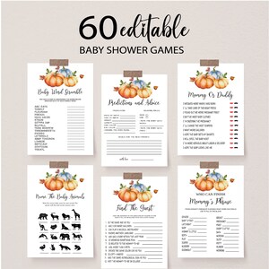 K&ouml;nnte beinhalten: Ein Set von sechs druckbaren Babyparty-Spielen mit Herbstthema. Jedes Spiel zeigt Aquarellk&uuml;rbisse und Herbstbl&auml;tter. Zu den Spielen geh&ouml;ren Wortsalat, Vorhersagen, Ratschl&auml;ge und mehr. Der Text lautet "60 editierbare Babyparty-Spiele."