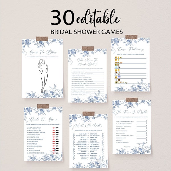 Blue Floral Victorian Bridal Shower Game Bundle, Editable Vintage Botanical Bridal Shower, Printable Bridal Party Games Package