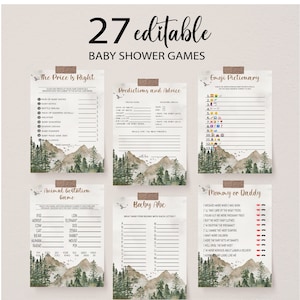 Let the Adventure Begin Baby Shower Games Bundle, Editable Activity Shower Bundle, Adventure Forest Mountain Trees, Printable