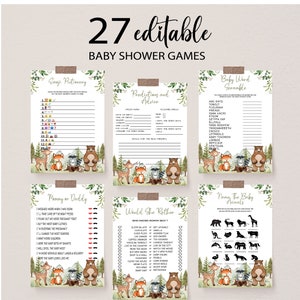 Paquete de juegos para baby shower de animales del bosque, paquete de juegos para baby shower de animales del bosque, paquete de juegos editables e imprimibles, BBS33