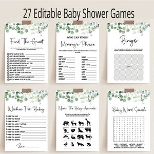 Greenery Baby Shower Games Bundle, Editable Eucalyptus Baby Shower Games, Printable Game, Instant Download, BBS85