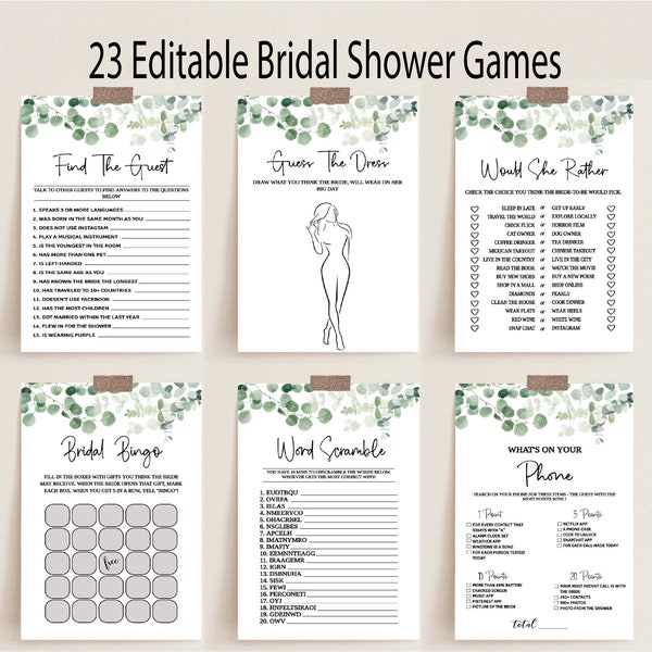 Greenery Foliage Bridal Shower Games Bundle, Eucalyptus Wedding Shower Games, Printable Games, Instant Download