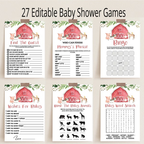 Farm Animal Baby Shower Games Bundle, Editable Baby Shower Games , Printable Games , Instant Download, BBS45