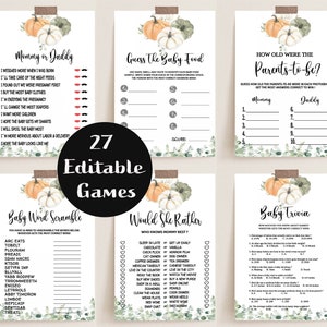 May include: Set of 27 editable baby shower games with a fall theme. Each game card features watercolor pumpkins and greenery. Games include "Mommy or Daddy", "Guess the Baby Food", and "Baby Trivia".