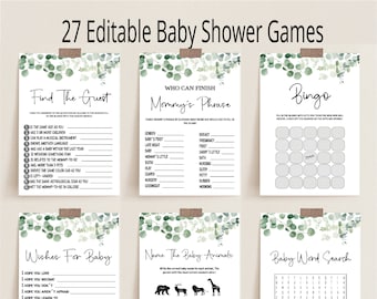 Greenery Baby Shower Games Bundle, Editable Eucalyptus Baby Shower Games, Printable Game, Instant Download, BBS85