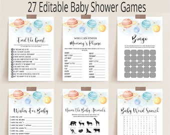 Pacchetto di giochi modificabili per baby shower nello spazio (download digitale)