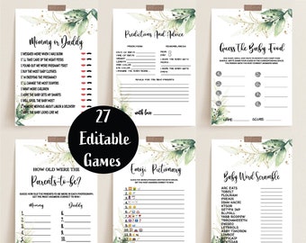 Editable Baby Shower Games Bundle, Greenery Gold Leaves, Printable Baby Games Bundles, Greenery Gold Instant Download, BBS80