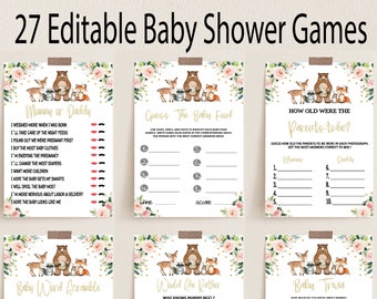 May include: A set of printable baby shower games featuring a woodland theme with a bear, fox, deer, and raccoon. The games include "Mommy or Daddy", "Guess the Baby Food", "How Old Were the Parents-to-be?", "Baby Word Scramble", "Who Knows Mommy Best?", and "Baby Trivia".