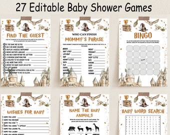 Puede incluir: Un conjunto de seis tarjetas de juegos para baby shower con temática de escuela de magia, ilustradas con un castillo, un sombrero seleccionador y un búho. Las tarjetas incluyen Find The Guest, Who Can Finish Mommy's Phrase, Bingo, Wishes For Baby, Name The Baby Animals y Baby Word Search.