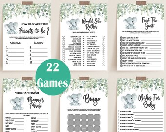 Può includere: Un set di 22 giochi per baby shower con un simpatico design di elefante e fogliame verde. I giochi includono "Quanti anni avevano i futuri genitori?", "Preferirebbe lei?", "Trova l'ospite", "La frase della mamma", "Bingo" e "Auguri per il bambino".