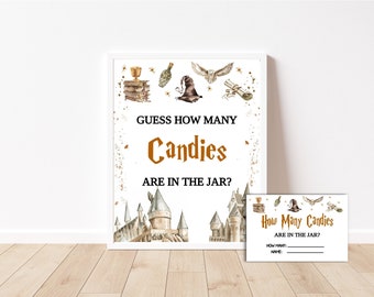 May include: A white framed sign and a matching card featuring watercolor illustrations of a castle, a wizard hat, an owl, books, and a golden goblet. The text reads GUESS HOW MANY Candies ARE IN THE JAR? and How Many Candies ARE IN THE JAR?