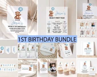 Bear Birthday Invitation Bundle, Editable First Birthday Invitation, Blue Balloon Bear Invitation, Instant Download, Blue 1st Birthday Boy