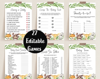 Babyshower-lekpaket i skogen: 27 redigerbara spel (digital nedladdning)