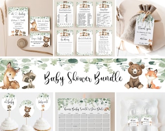 Pacchetto Baby Shower con Animali del Bosco: Invito Stampabile e Pacchetto Giochi Modificabili