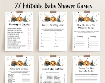 May include: A set of 27 editable baby shower games with a Halloween theme. The games include "Mommy or Daddy," "Guess the Baby Food," and "How Old Were the Parents-to-be?" Each game features pumpkin and witch hat illustrations.