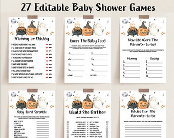 May include: Set of 27 editable baby shower games. The games include "Mommy or Daddy", "Guess the Baby Food", "How Old Were the Parents-to-be?", "Baby Word Scramble", "Would She Rather", and "Advice For The Parents-to-be". Each game has a Halloween theme.