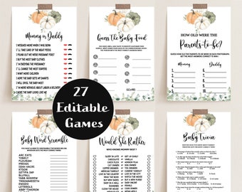 Editable Little Pumpkin Baby Shower Games, Fall Games Pack, Printable Baby Games Bundle, Pumpkin Greenery Shower Games, Baby Emoji, BBS50