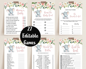 Elephant Baby Shower Games Printable Game Bundle Pink Elephant Girl Baby Shower Games Package Instant Download, BBS60