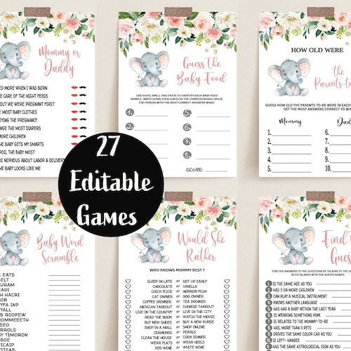 Elephant Baby Shower Games Printable Game Bundle Pink Elephant | Etsy