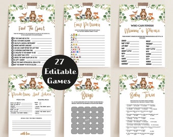 Baby Shower Games Bundle, Printable Baby Shower Game Pack, Woodland Animals Editable Games, Forest Animals Baby Shower Package, BBS10