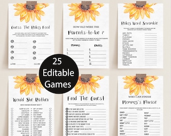 May include: A set of 25 printable baby shower games with a sunflower theme. The games include "Guess the Baby Food", "How Old Were the Parents-to-be?", "Baby Word Scramble", "Would She Rather", "Find the Guest", and "Who Can Finish Mommy's Phrase".