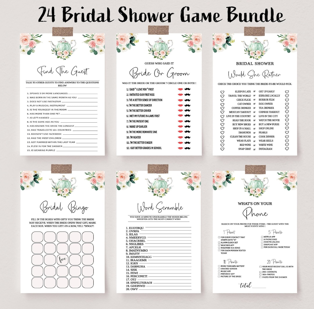 Tea Party Bridal Shower Game Bundle, Editable Blush Floral Bridal Games ...