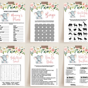 Elephant Baby Shower Games Printable Game Bundle Pink Elephant Girl ...
