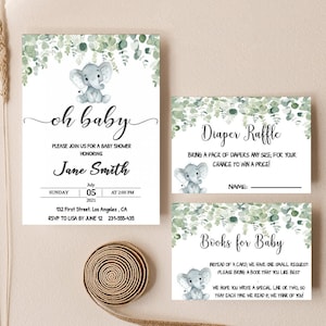 May include: A baby shower invitation featuring a charming elephant illustration and foliage. The invitation reads "oh baby", "Please join us for a baby shower honouring Jane Smith", "Sunday, July 05, 2021 at 2:00 PM", "132 First Street, Los Angeles, CA", "RSVP to Lisa by June 12, 231-555-435". Two additional cards are included for a diaper raffle and a book request for the baby.