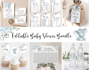Baby Shower Bundle, Printable Baby Shower Invitation Game Pack, Blue Floral Elephant Editable Baby Shower Boy Package, Instant Download
