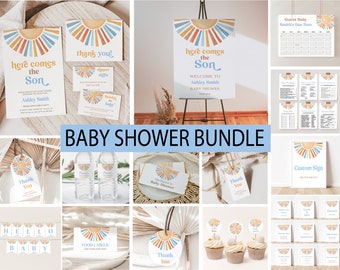 Editable Sunshine Baby Shower Invitation Bundle, Here Comes the Son Baby Shower Invite, Boy Blue Sonshine Shower Games, Its a Boy, Decor