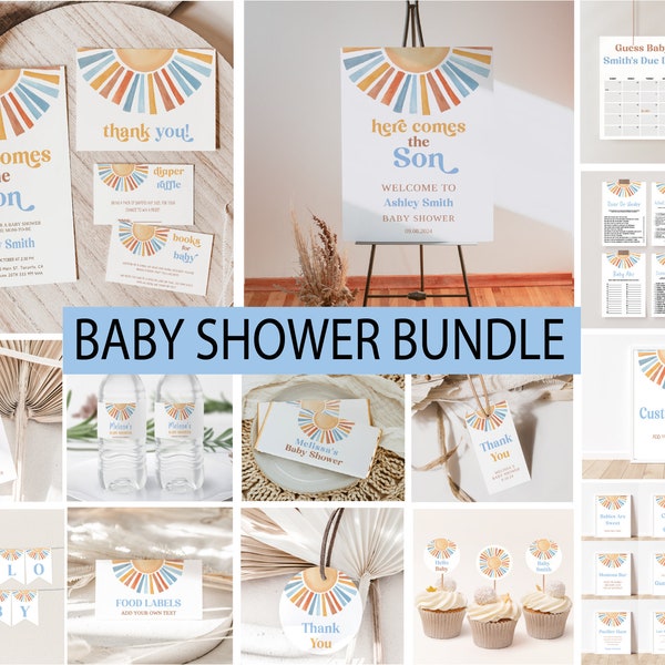 Editable Sunshine Baby Shower Invitation Bundle, Here Comes the Son Baby Shower Invite, Boy Blue Sonshine Shower Games, Its a Boy, Decor