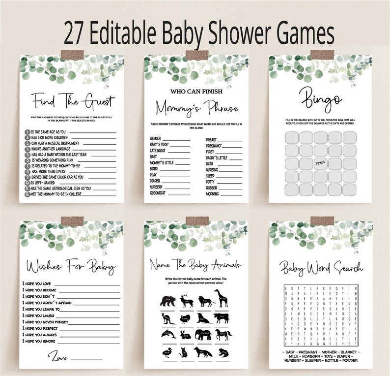 Greenery Baby Shower Games Bundle Editable Eucalyptus Baby Etsy