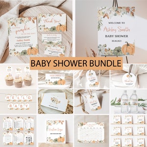 Little Pumpkin Fall babyshowerbundel, bewerkbare bloemenpompoenset, babyshoweruitnodigingsbundel, douchepompoen bewerkbaar, afdrukbaar BBS95