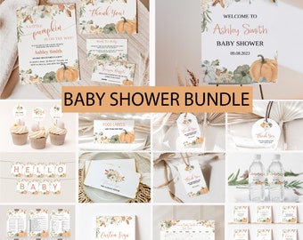 Little Pumpkin Fall Baby Shower Bundle – Editable Floral Invitation and Printable Party Set, BBS95