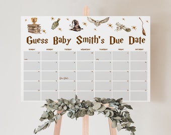 May include: A rectangular calendar sign with the text Guess Baby Smith's Due Date, featuring watercolor illustrations of a golden goblet, books, a potion bottle, a wizard hat, an owl, a scroll, and a broomstick above a grid of calendar days.