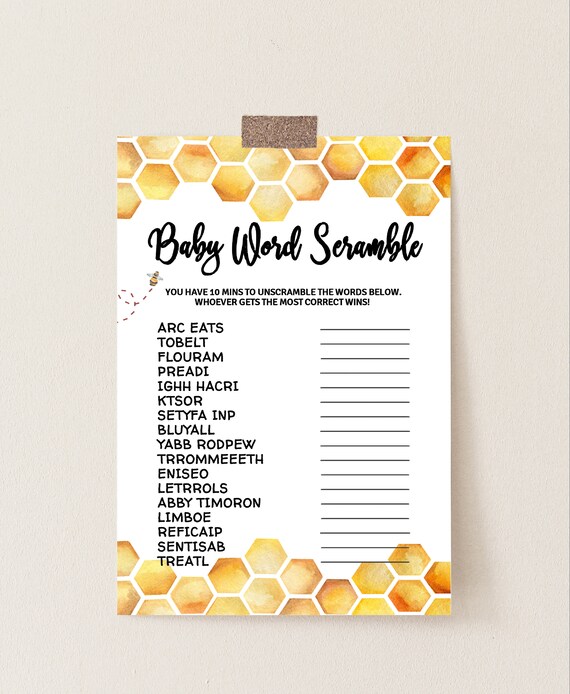 Honey Bee baby shower Word scramble game baby shower word scramble Printable games #Honey022 Editable game template