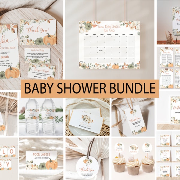 Kleine Kürbis Herbst Baby-Dusche-Bundle, bearbeitbare Blumenkürbis-Set, Baby-Dusche-Einladungs-Bundle, Dusche-Kürbis bearbeitbar, druckbar BBS95