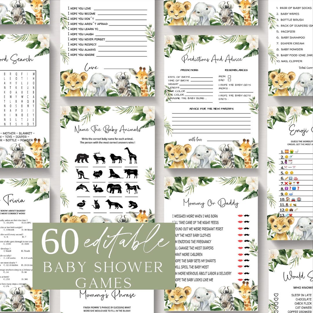 Safari Baby Shower Games Bundle, Jungle Baby Shower, Editable Safari